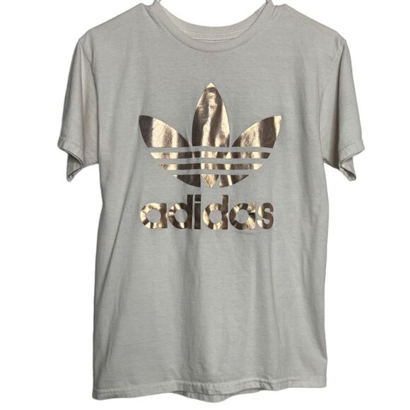 Adidas Crew Neck Short Sleeve Logo Tee Shirt White & Rose Gold Small - Picture 2 of 5
